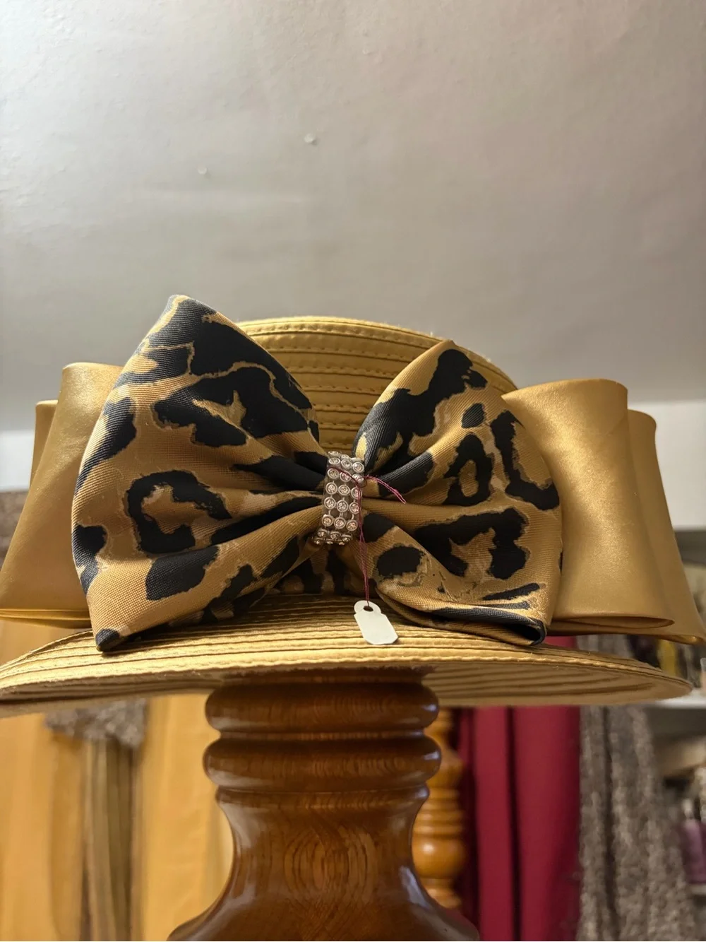 Ashro Gold Leopard Bow Straw Hat CHURCH HAT